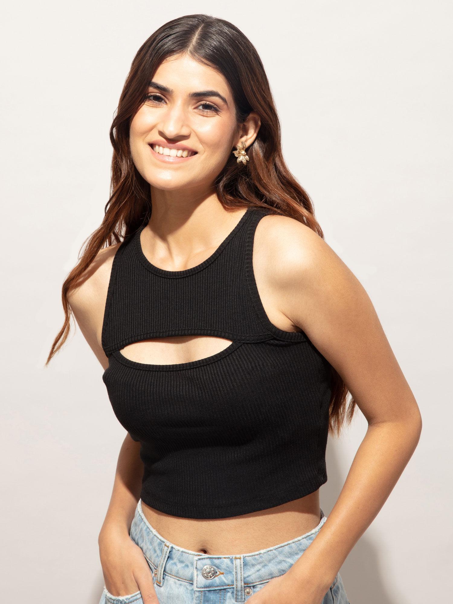 basics black ribbed cutout crop tshirt