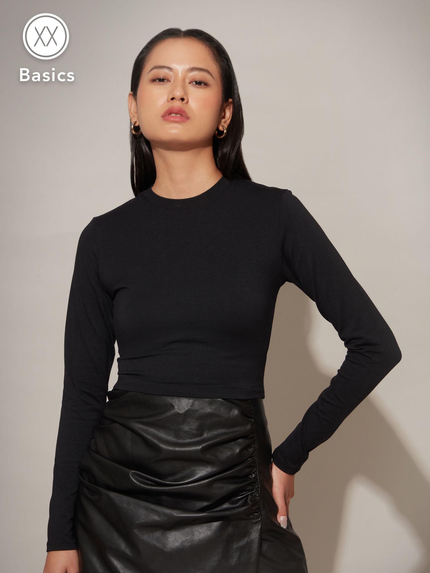 basics black round neck crop t-shirt