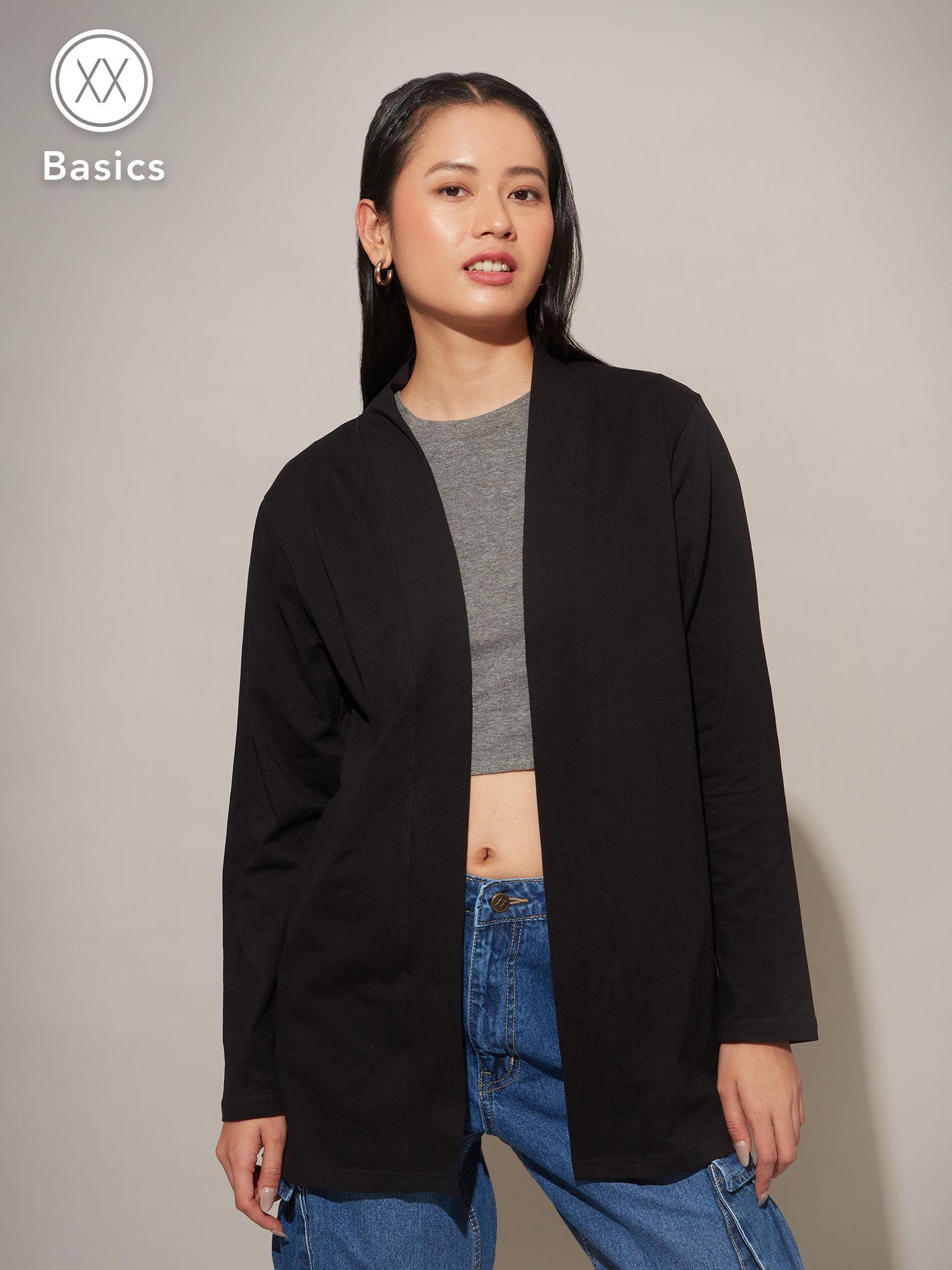 basics black solid front open longline shrug