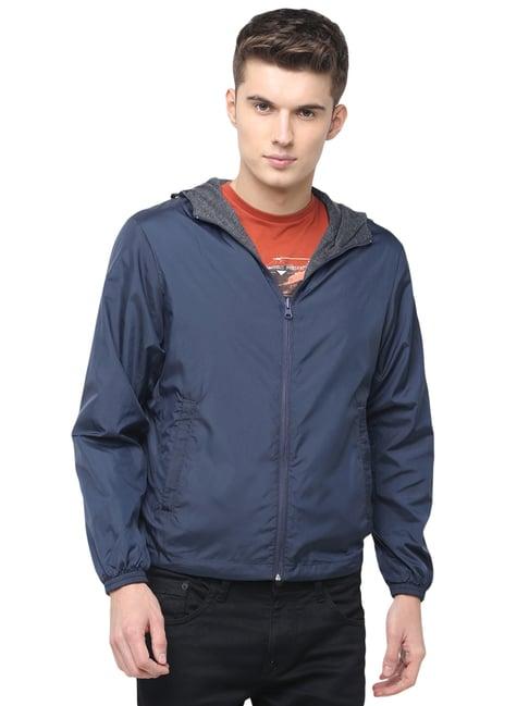 basics blue comfort fit hooded jacket