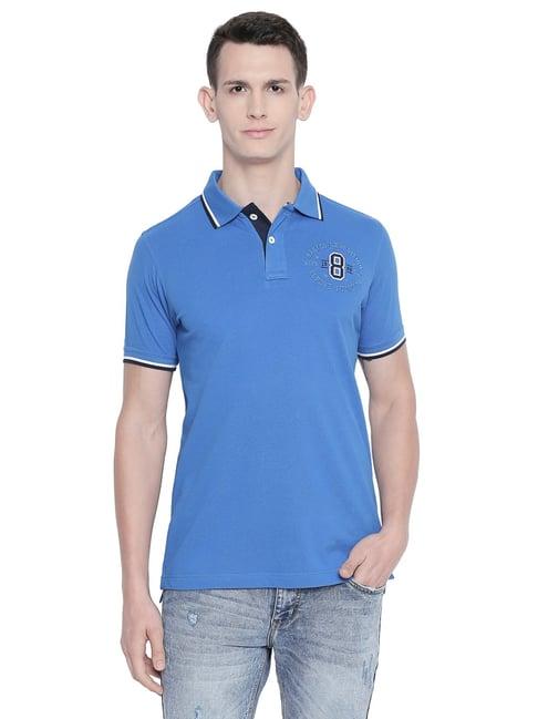 basics blue cotton slim fit printed polo t-shirt