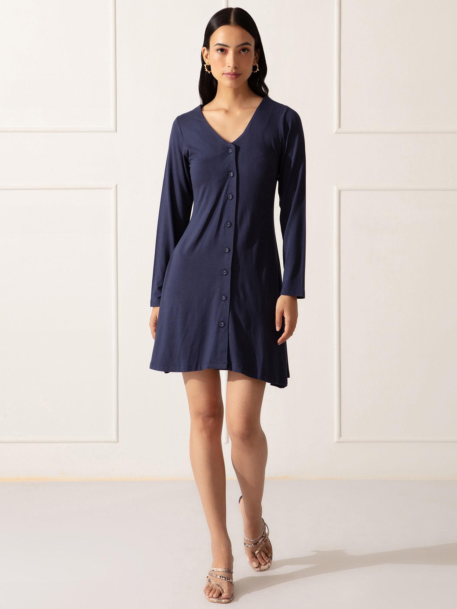 basics blue solid v neck mini dress