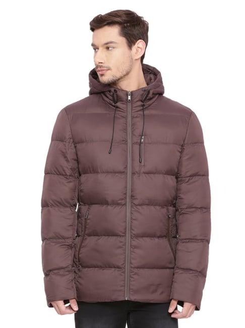 basics brown comfort fit hooded jacket