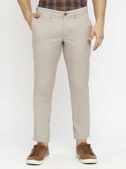 basics brown cotton tapered fit texture trousers
