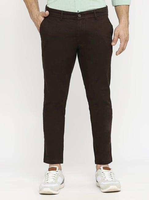 basics brown cotton tapered fit texture trousers
