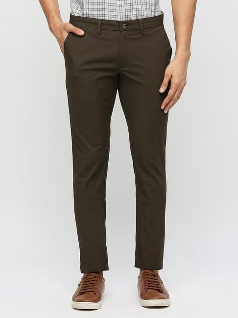 basics brown cotton tapered fit texture trousers