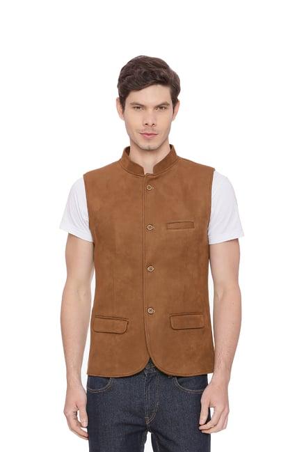 basics brown sleeveless mandarin collar waistcoat