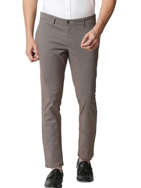 basics cocoa brown cotton tapered fit checks trousers