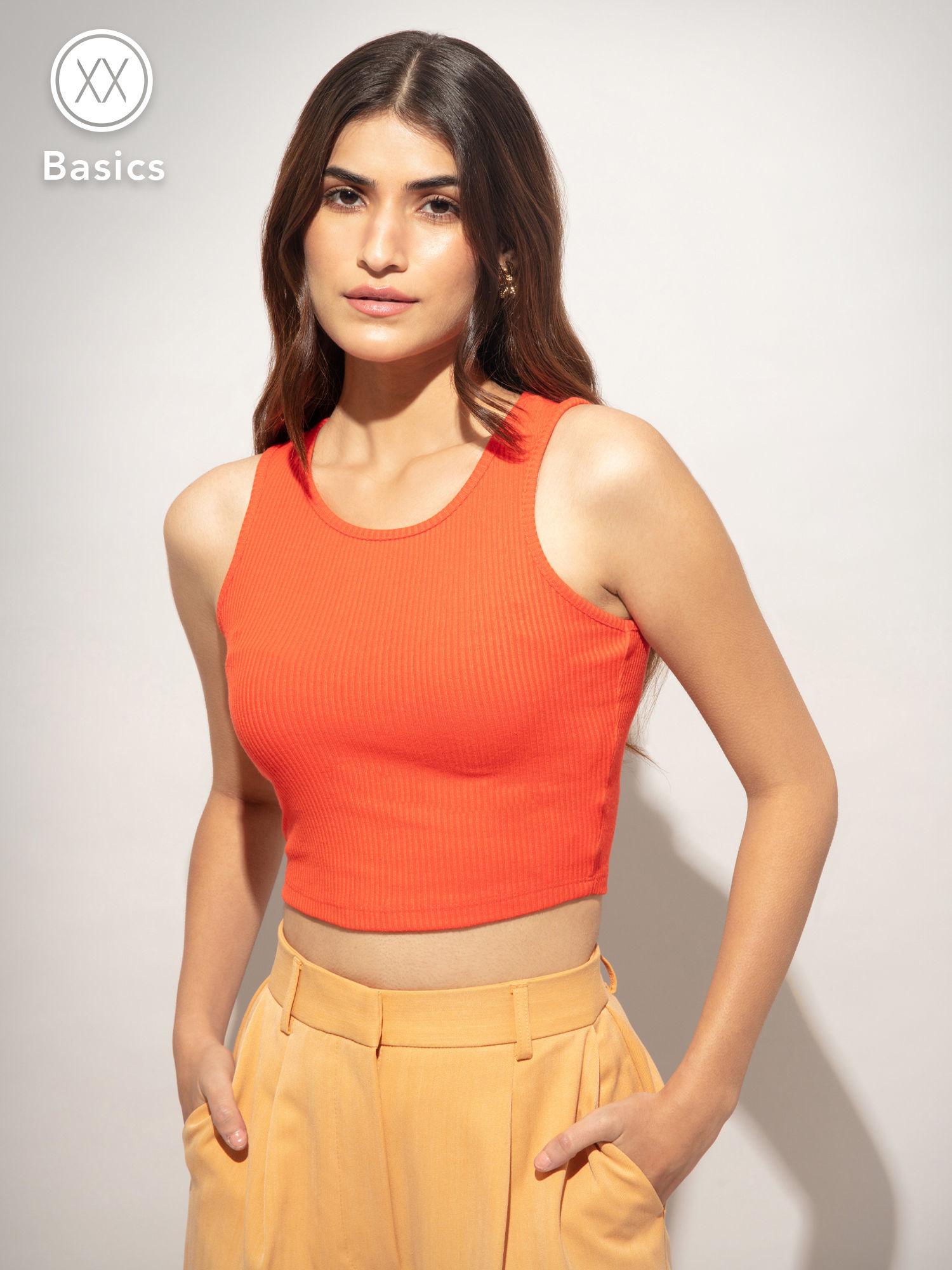 basics coral ribbed solid crop tshirt