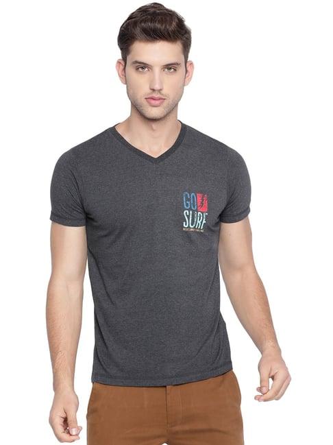 basics dark grey slim fit printed t-shirt