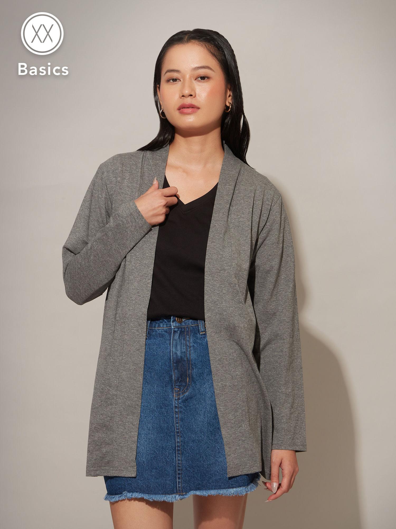 basics dark grey solid front open longline shrug