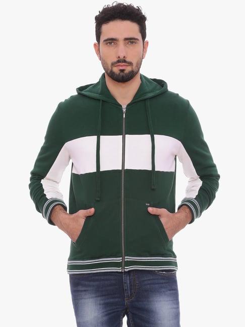 basics green & white slim fit colour block hooded jacket