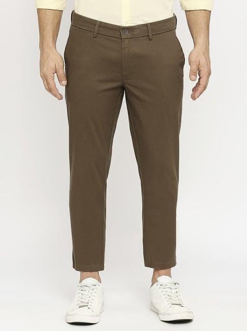 basics green cotton tapered fit texture trousers