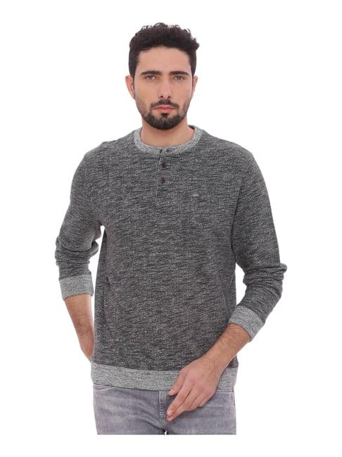 basics grey cotton slim fit self pattern sweater