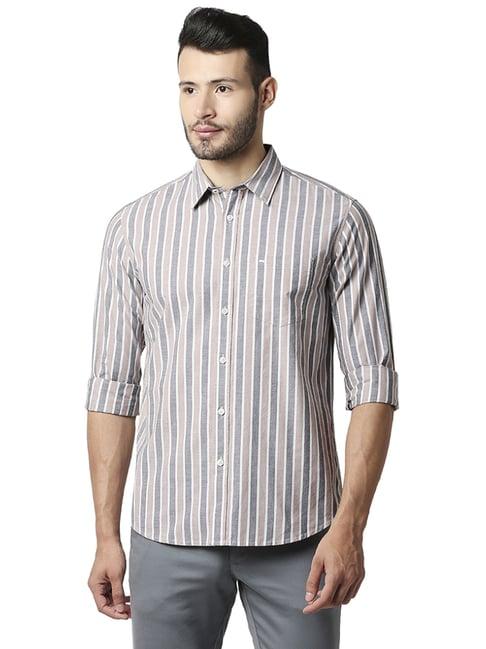 basics grey cotton slim fit striped shirts