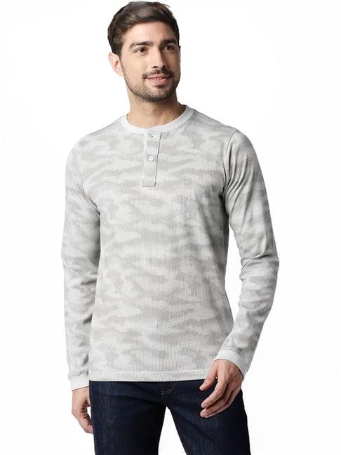 basics grey muscle fit printed henley t-shirt