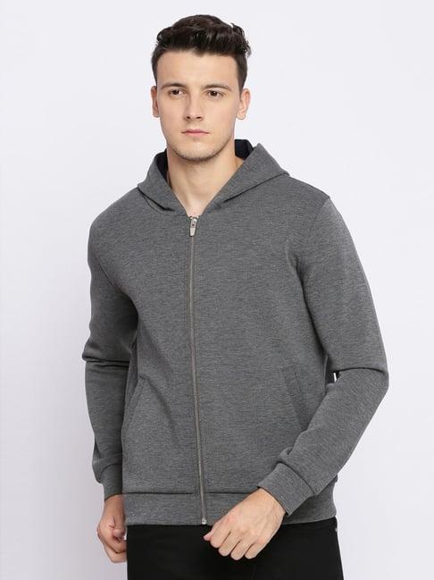 basics grey slim fit texture hooded jacket