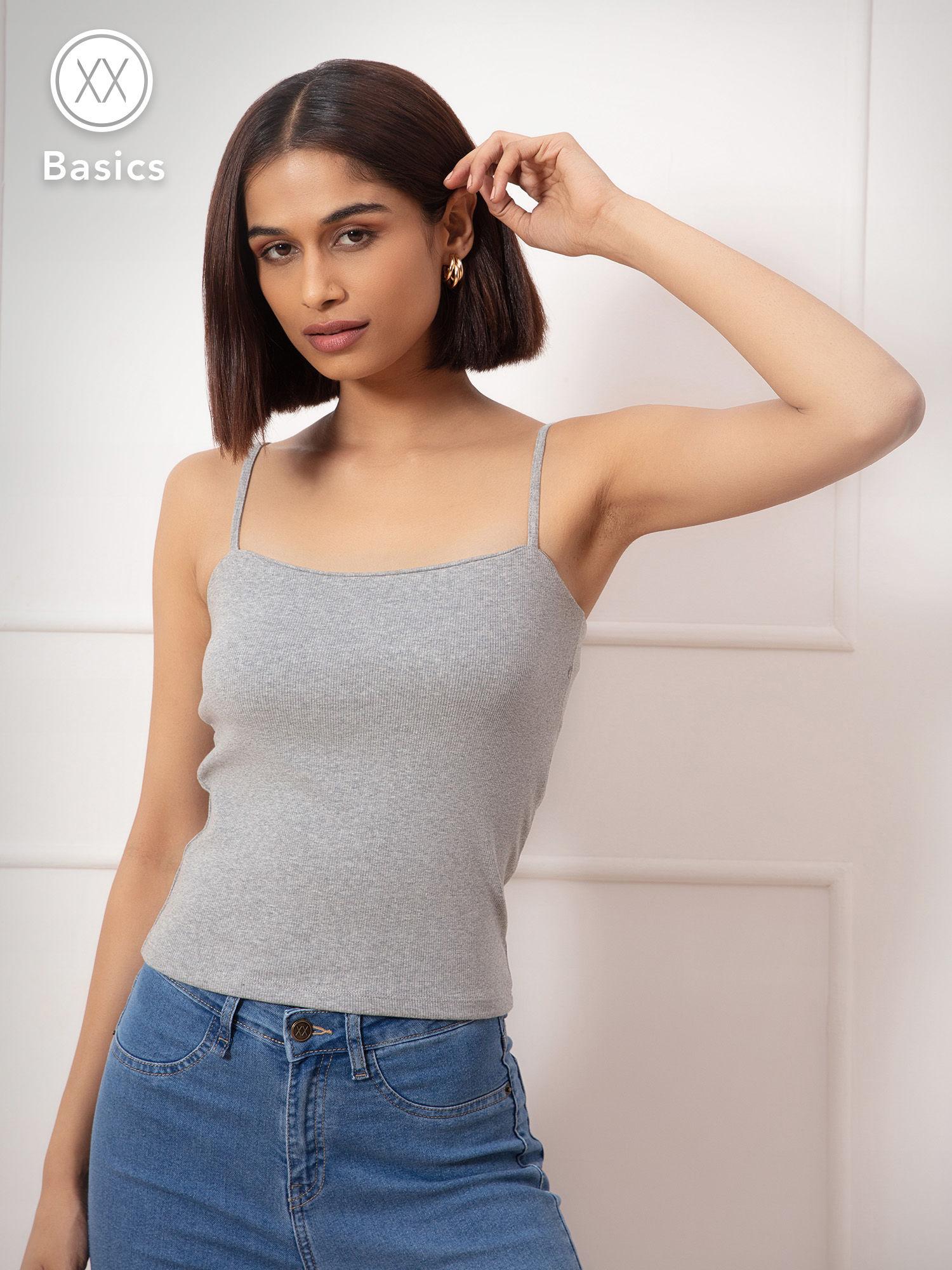 basics grey solid square neck strappy t shirt