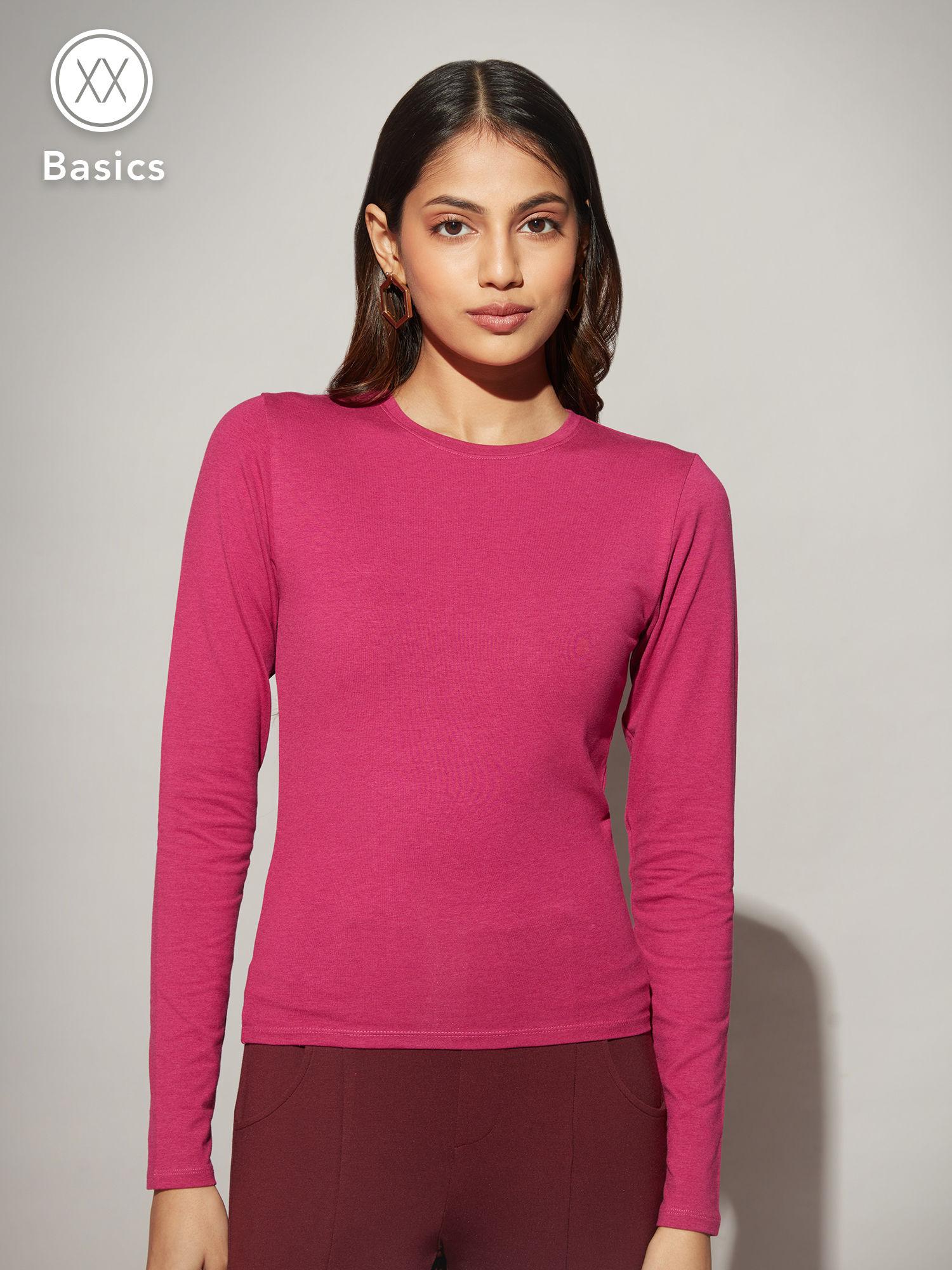 basics magenta full sleeves round neck t-shirt