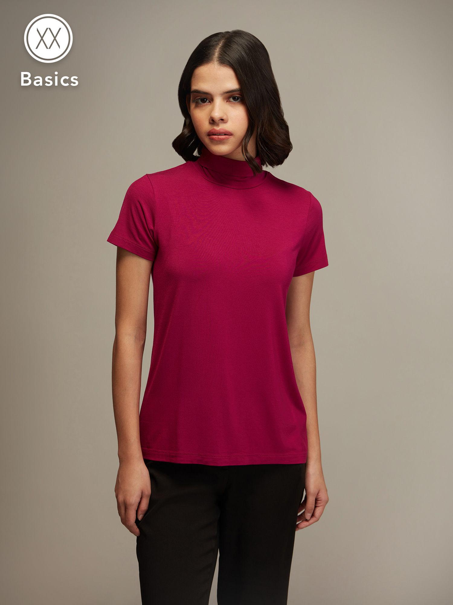 basics magenta high neck short sleeves t-shirt