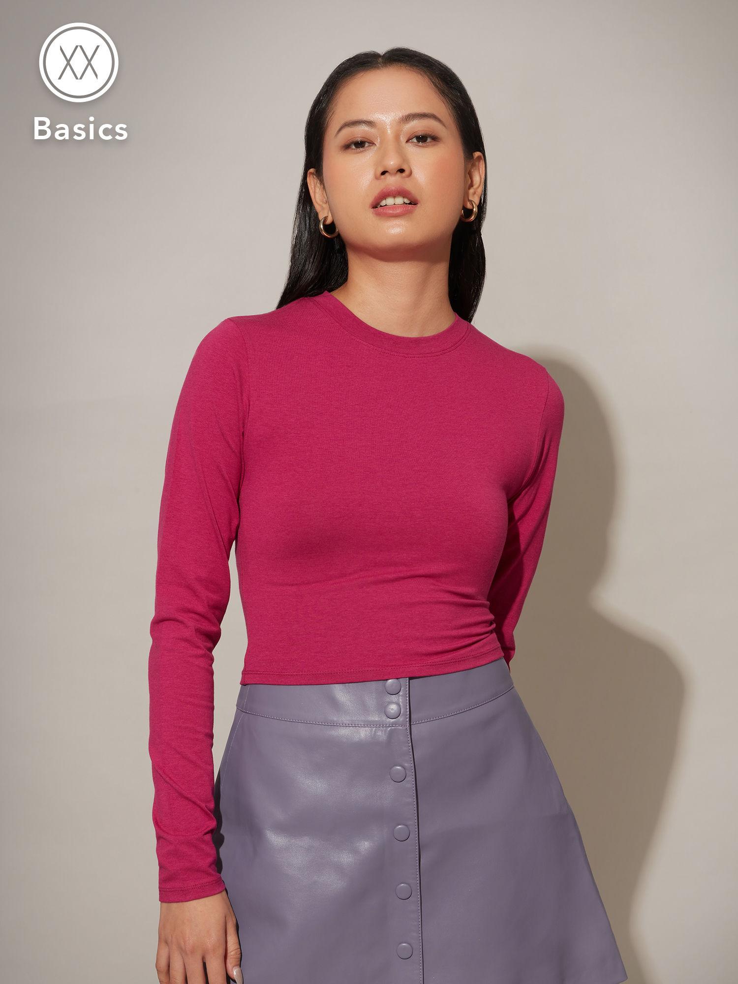 basics magenta round neck crop t-shirt