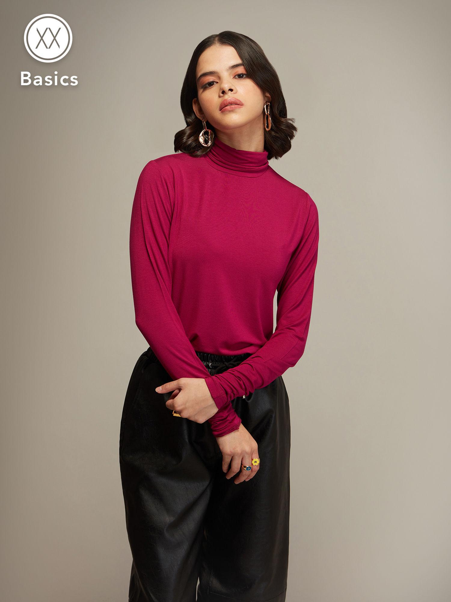 basics magenta solid high neck t-shirt