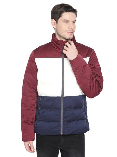 basics maroon & white slim fit colour block jacket