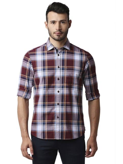 basics maroon cotton slim fit checks shirts