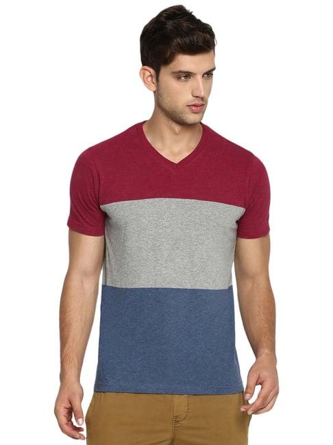basics maroon cotton slim fit colour block t-shirt