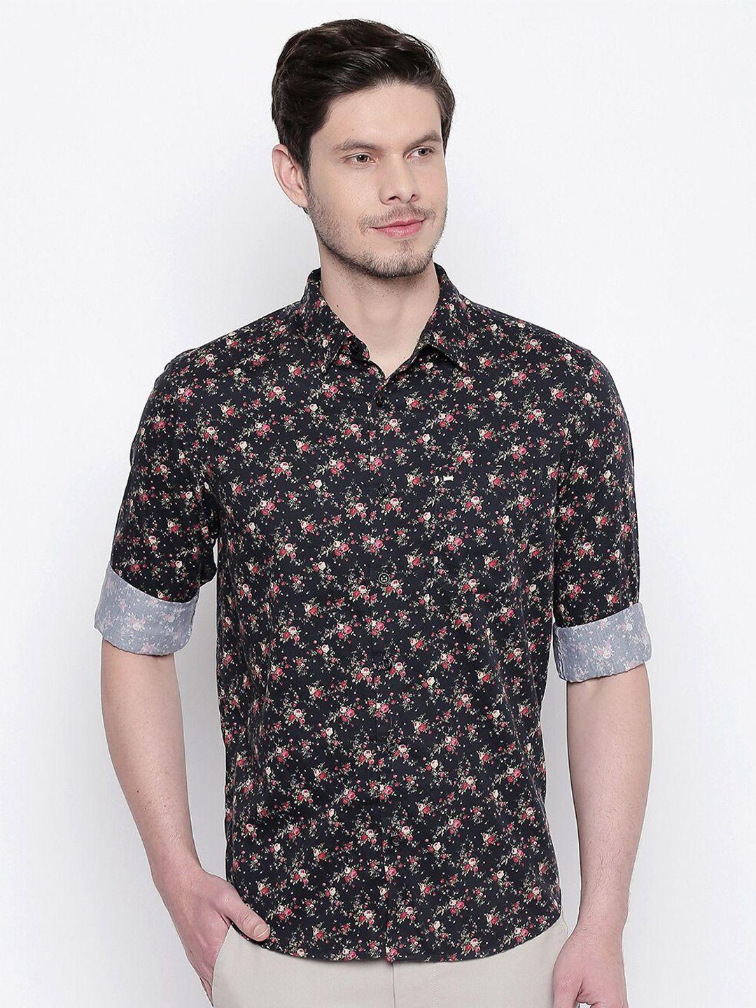 basics men black slim fit floral printed casual shirt