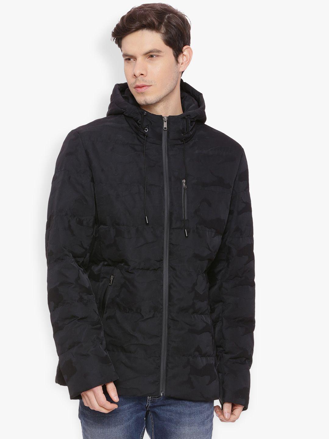 basics men black solid puffer hooded jacket