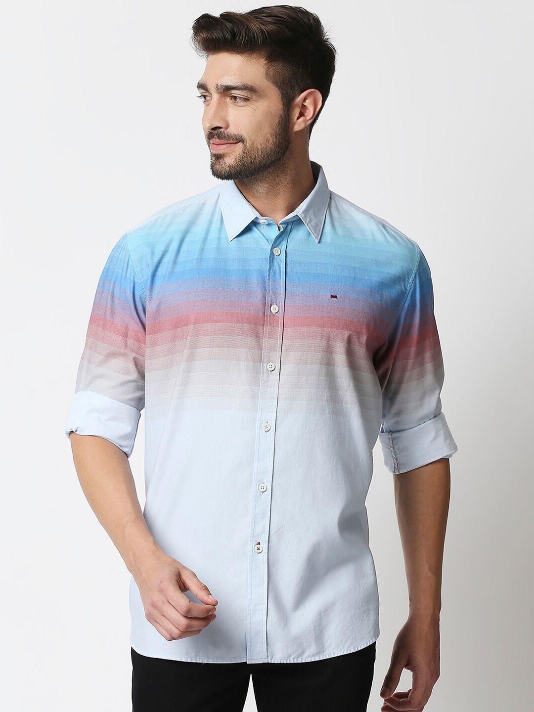 basics men blue & pink slim fit striped cotton casual shirt