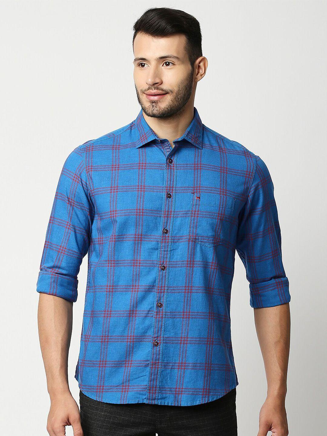 basics men blue and red cotton slim fit checked casual shirt