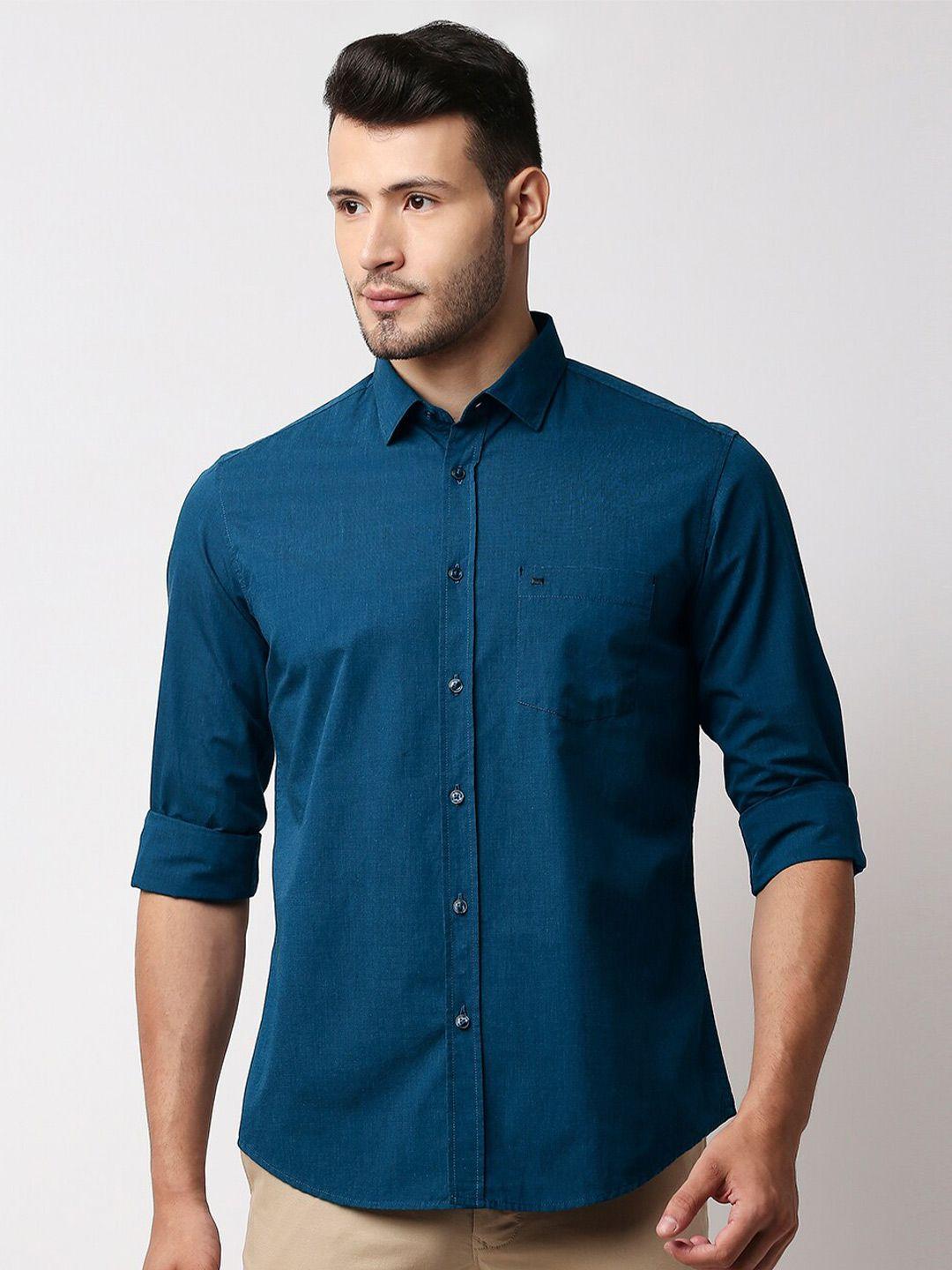 basics men blue slim fit casual shirt