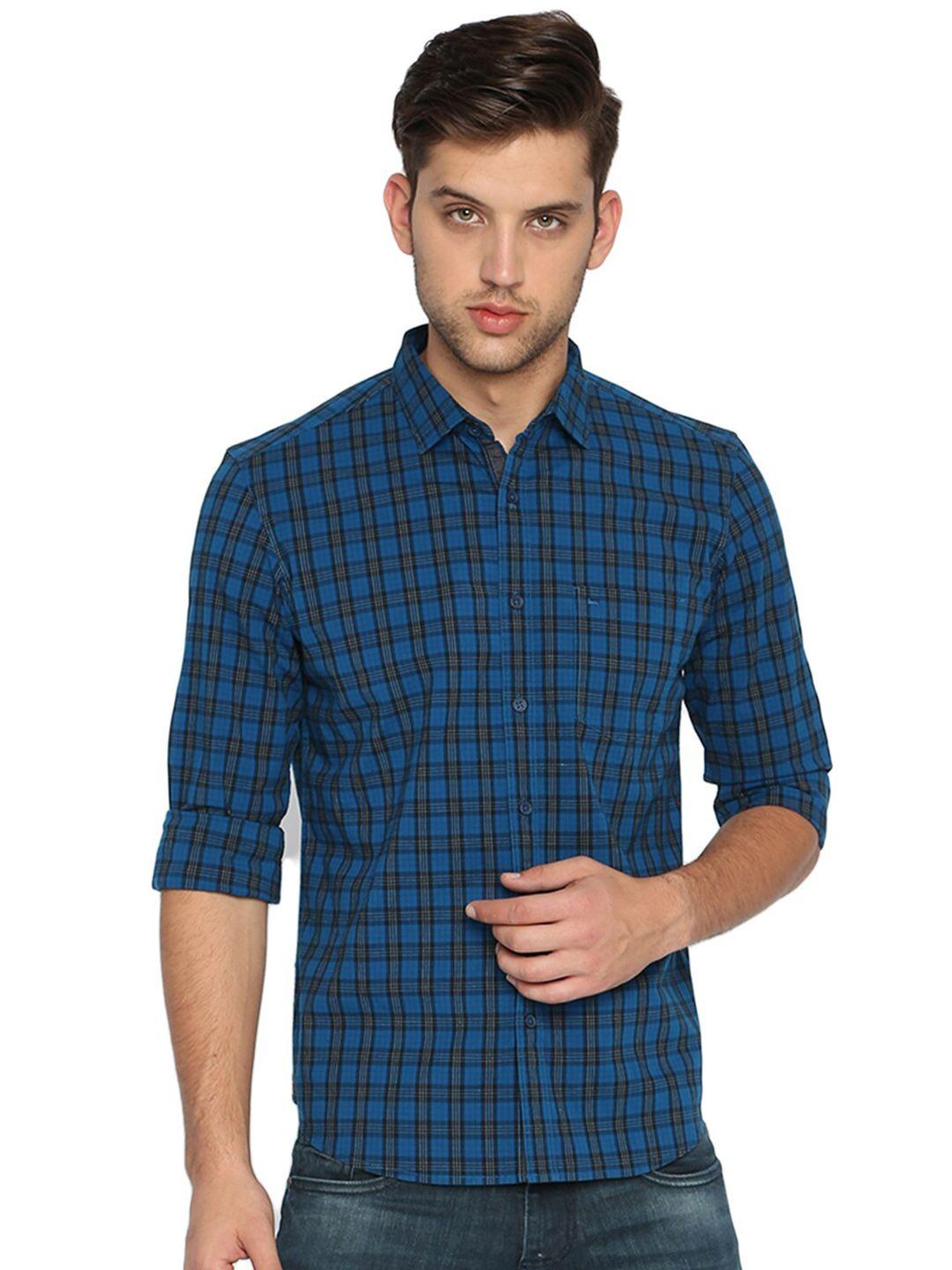 basics men blue slim fit checked casual shirt