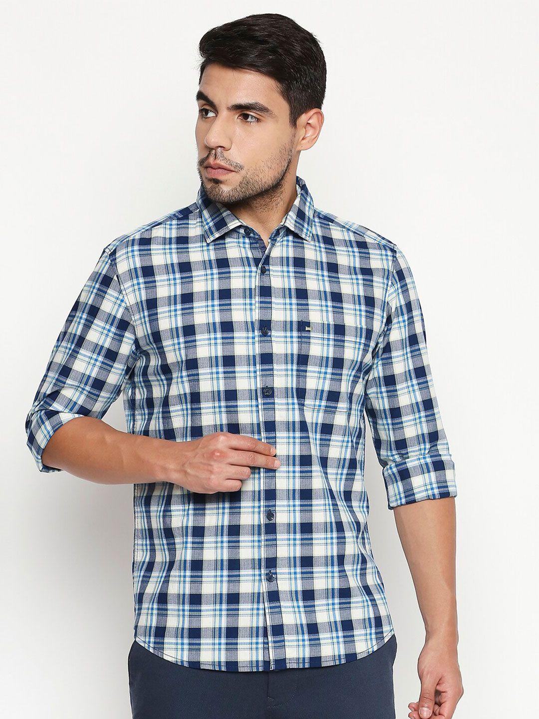 basics men blue slim fit tartan checks checked casual shirt