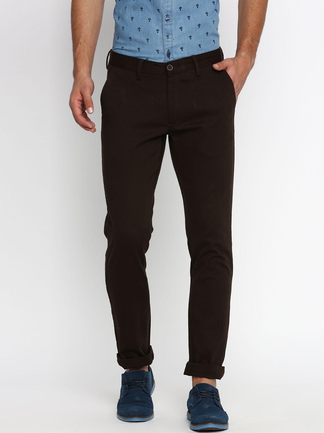 basics men brown tapered fit solid regular trousers