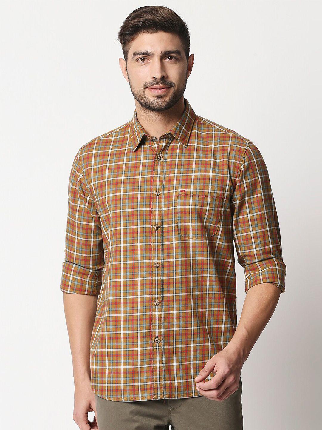 basics men camel brown & red slim fit tartan checked cotton casual shirt