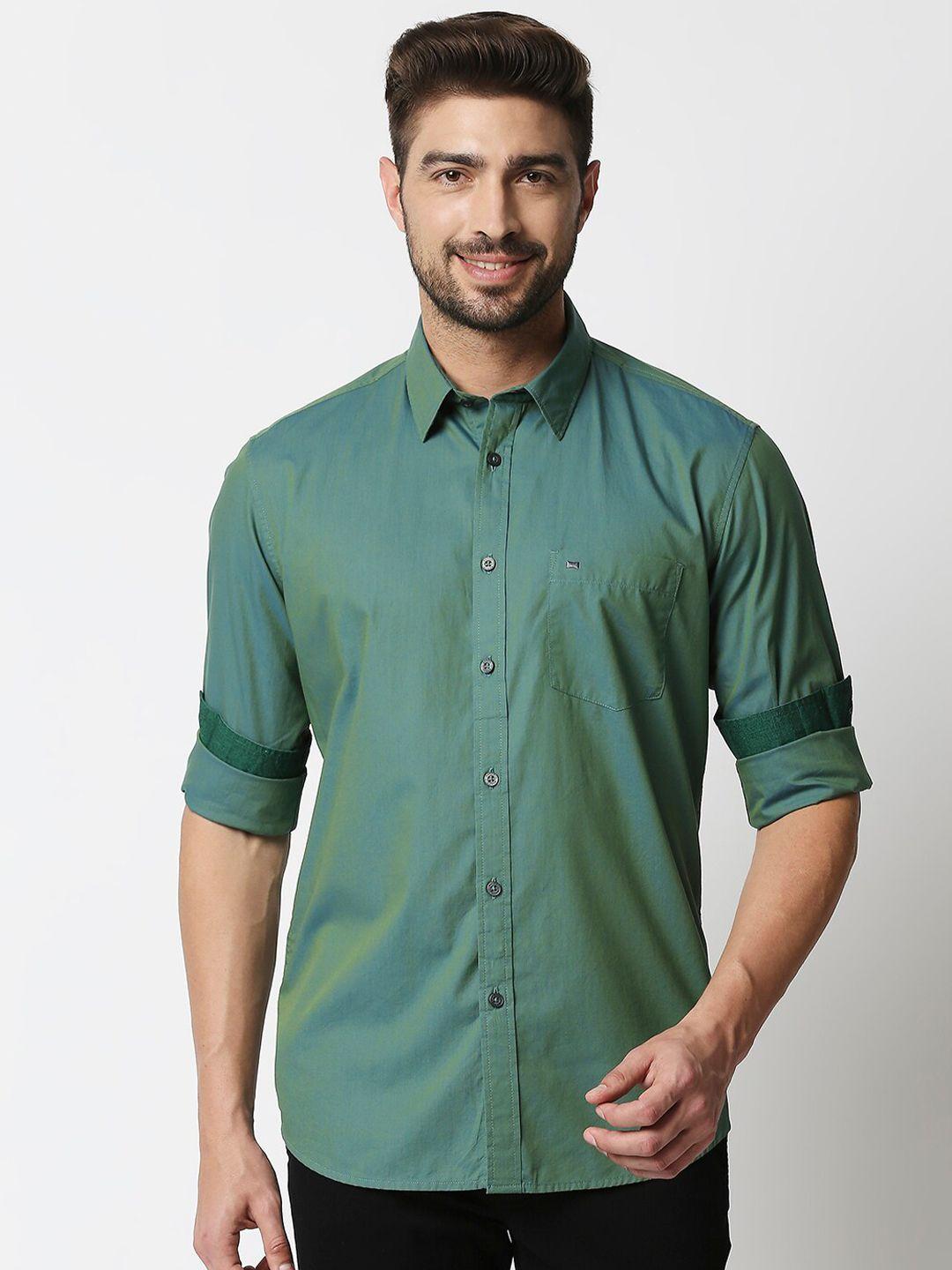 basics men green slim fit cotton casual shirt
