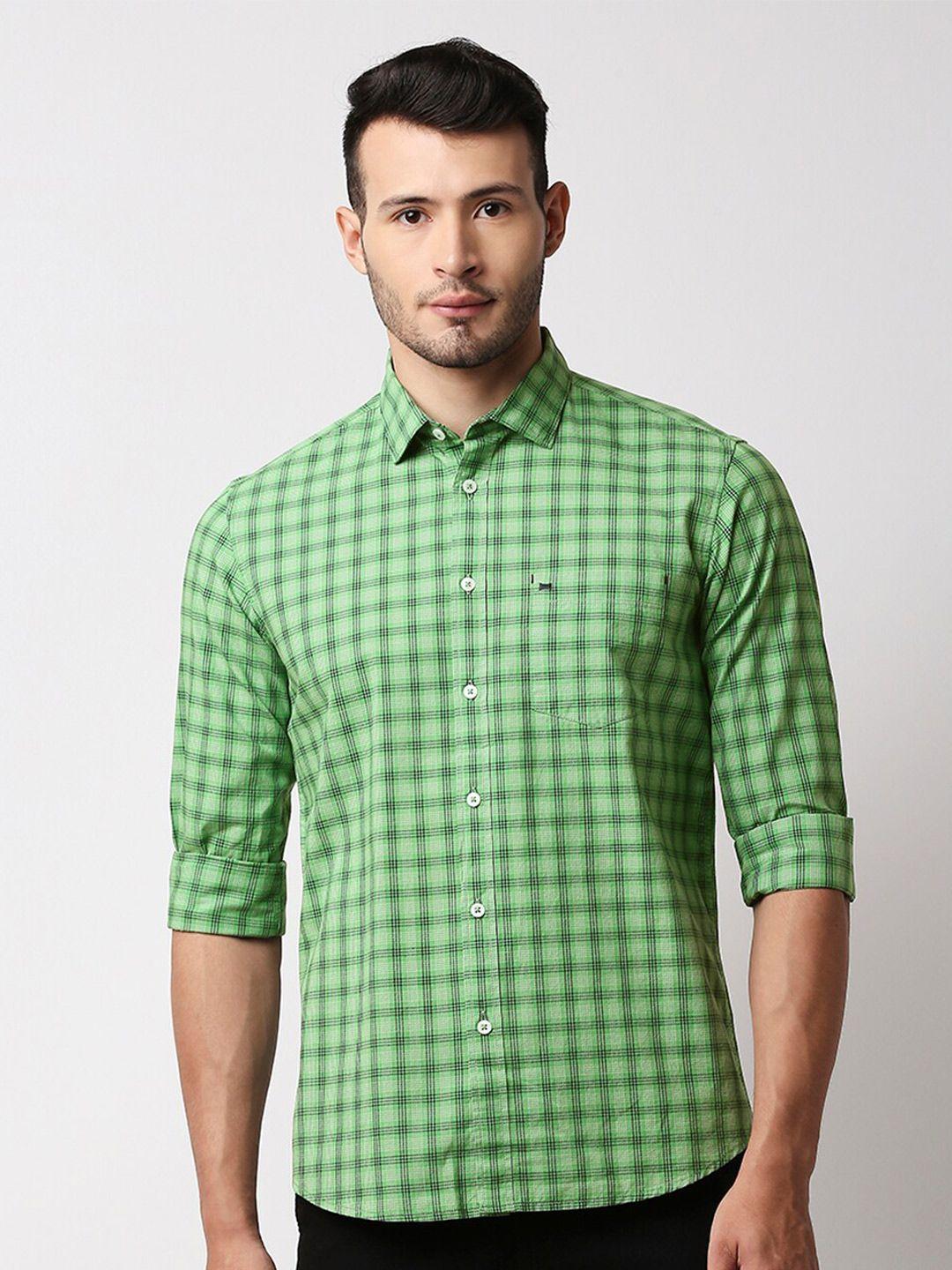 basics men green slim fit gingham checks checked casual shirt