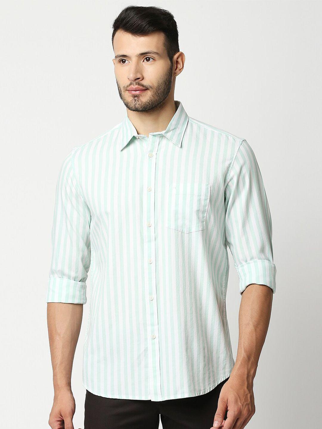 basics men green slim fit striped casual shirt