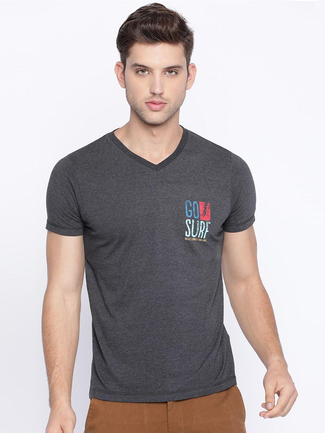 basics men grey typography v-neck slim fit t-shirt