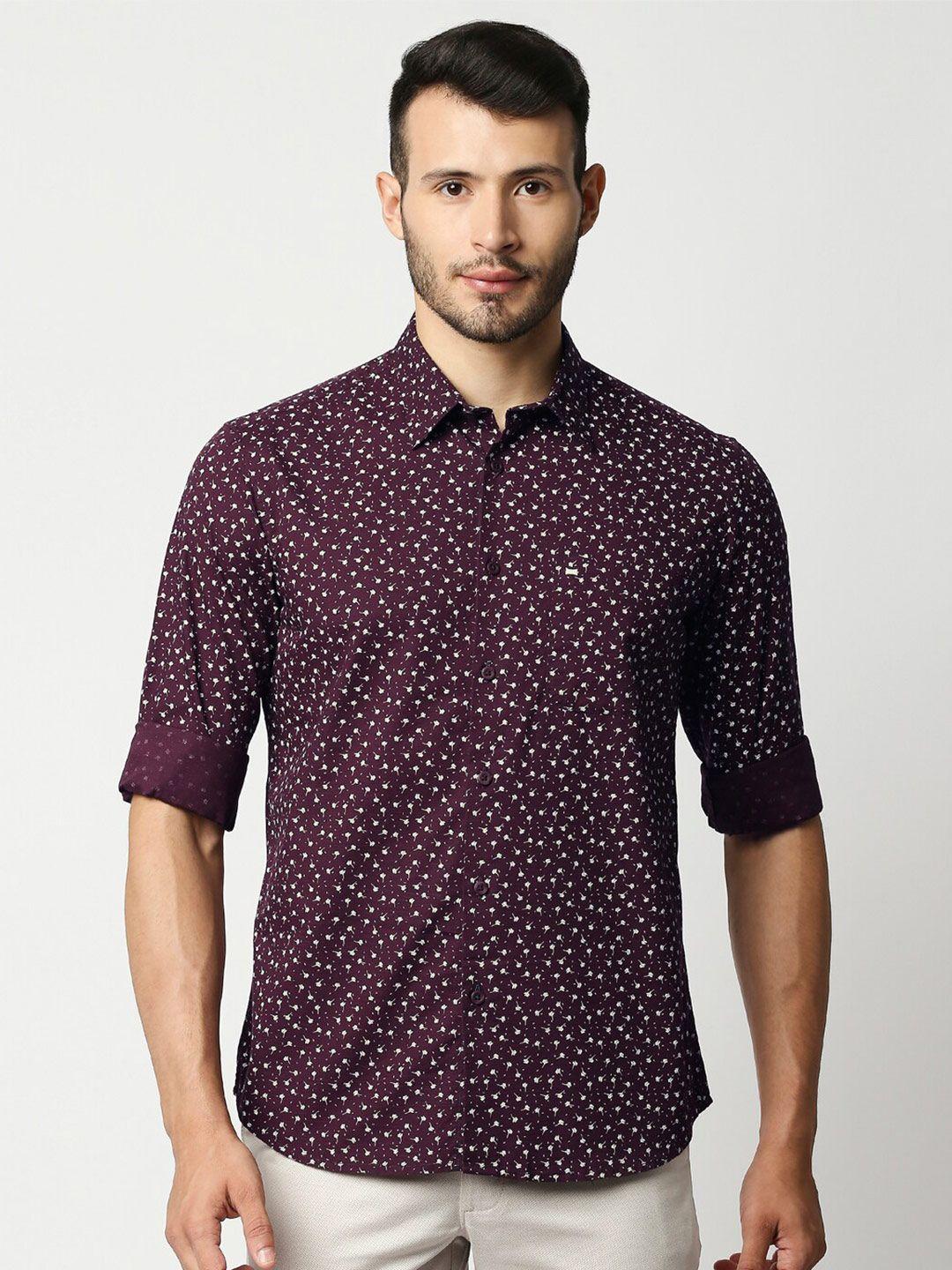 basics men maroon slim fit printed casual shirt