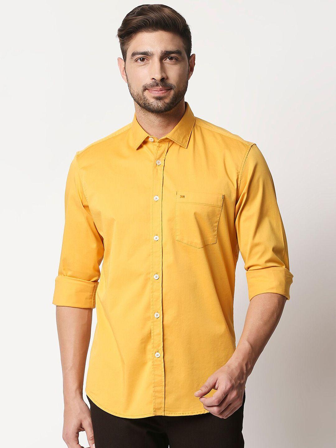 basics men mustard yellow solid slim fit casual shirt