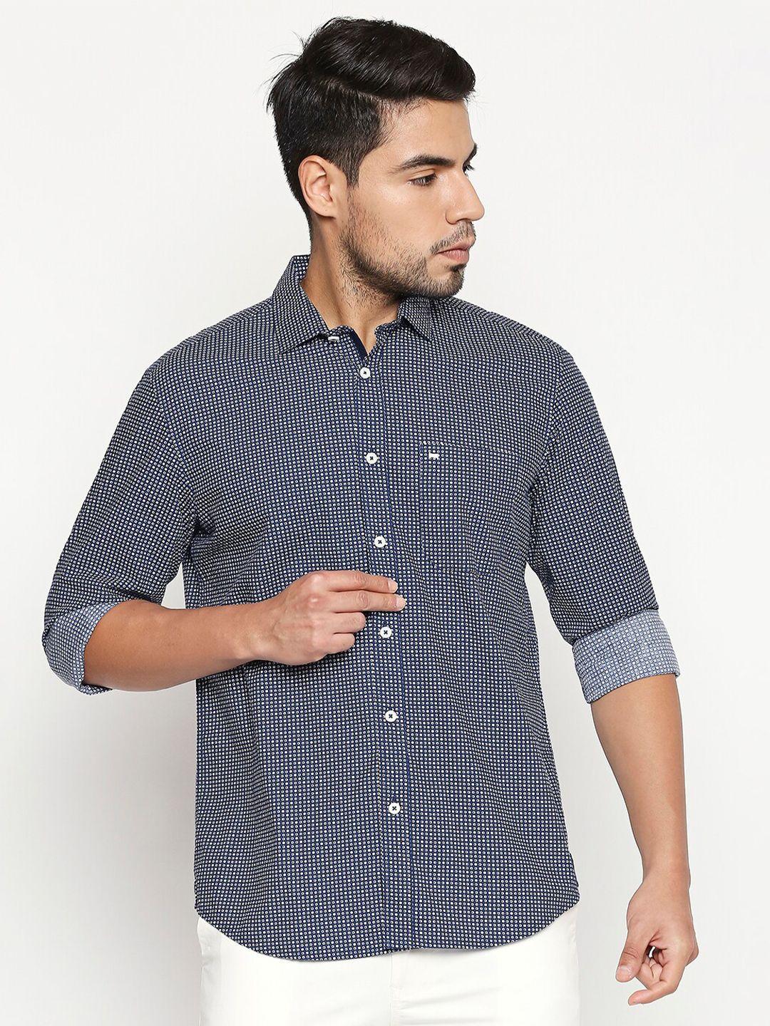 basics men navy blue slim fit printed casual shirt