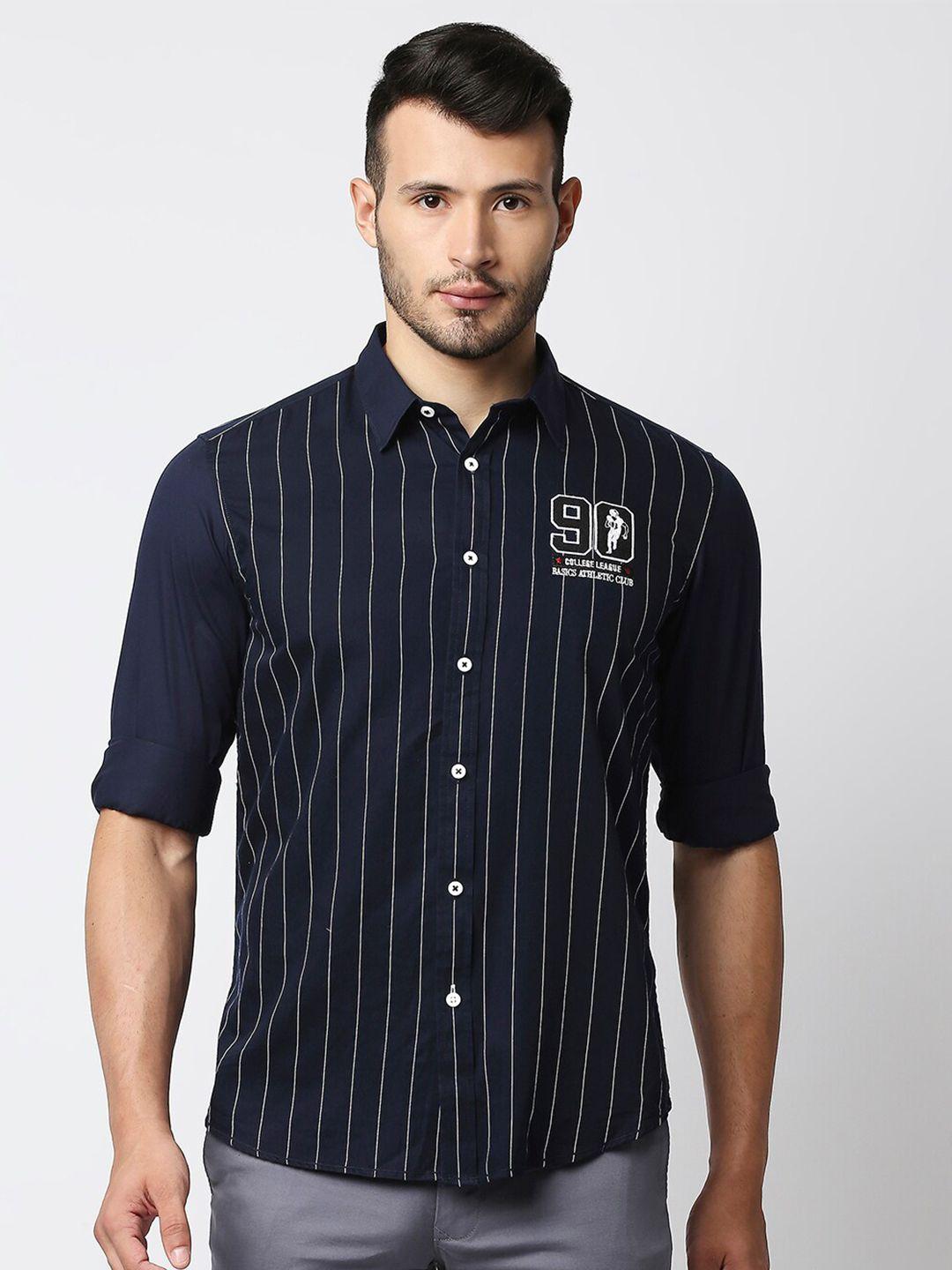 basics men navy blue slim fit striped casual shirt