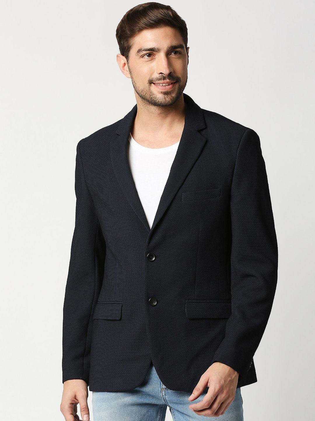basics men navy blue solid single-breasted comfort-fit casual blazer