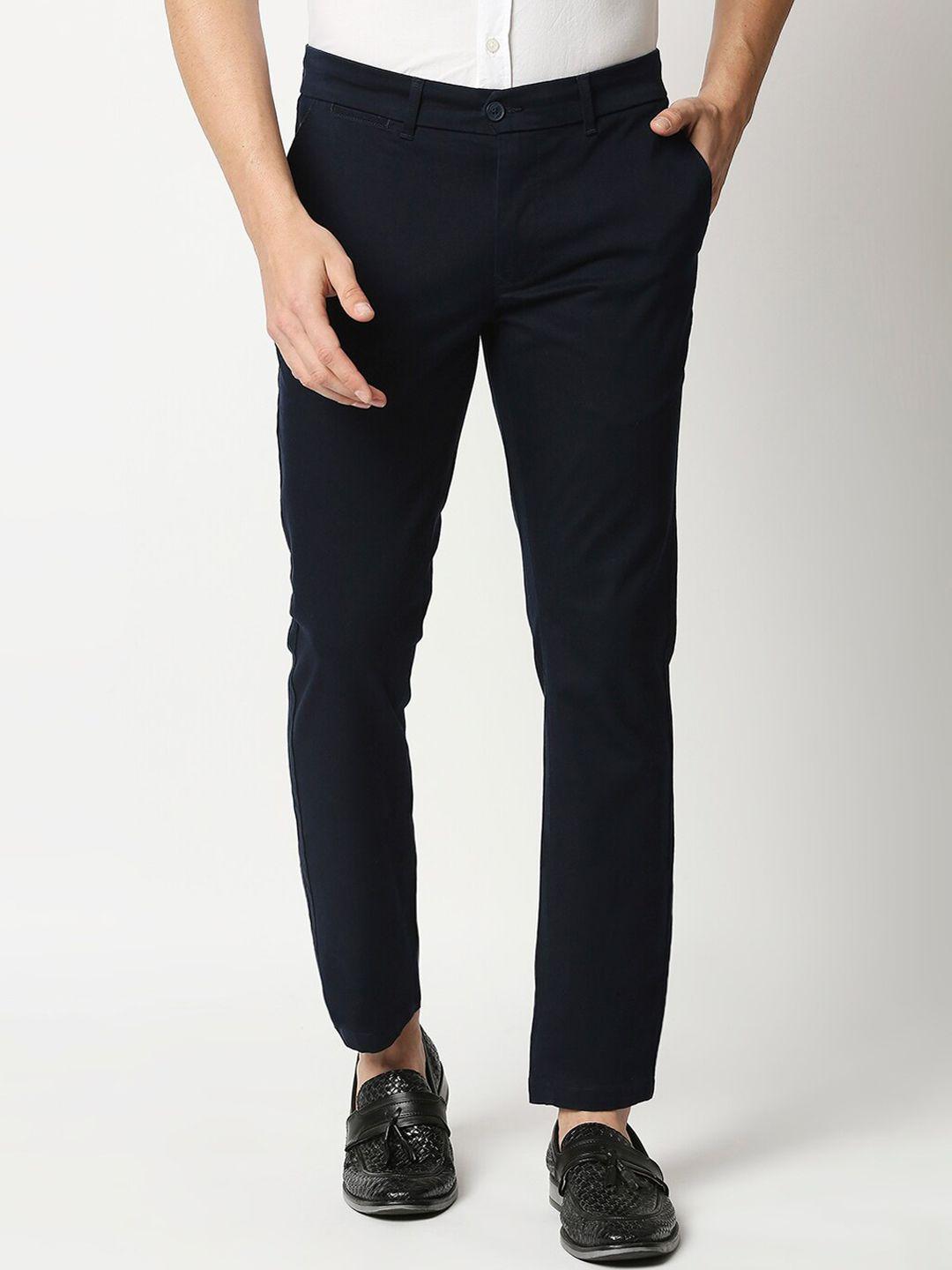 basics men navy blue tapered fit trousers
