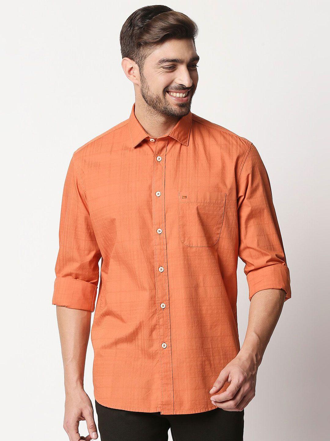 basics men orange slim fit cotton casual shirt