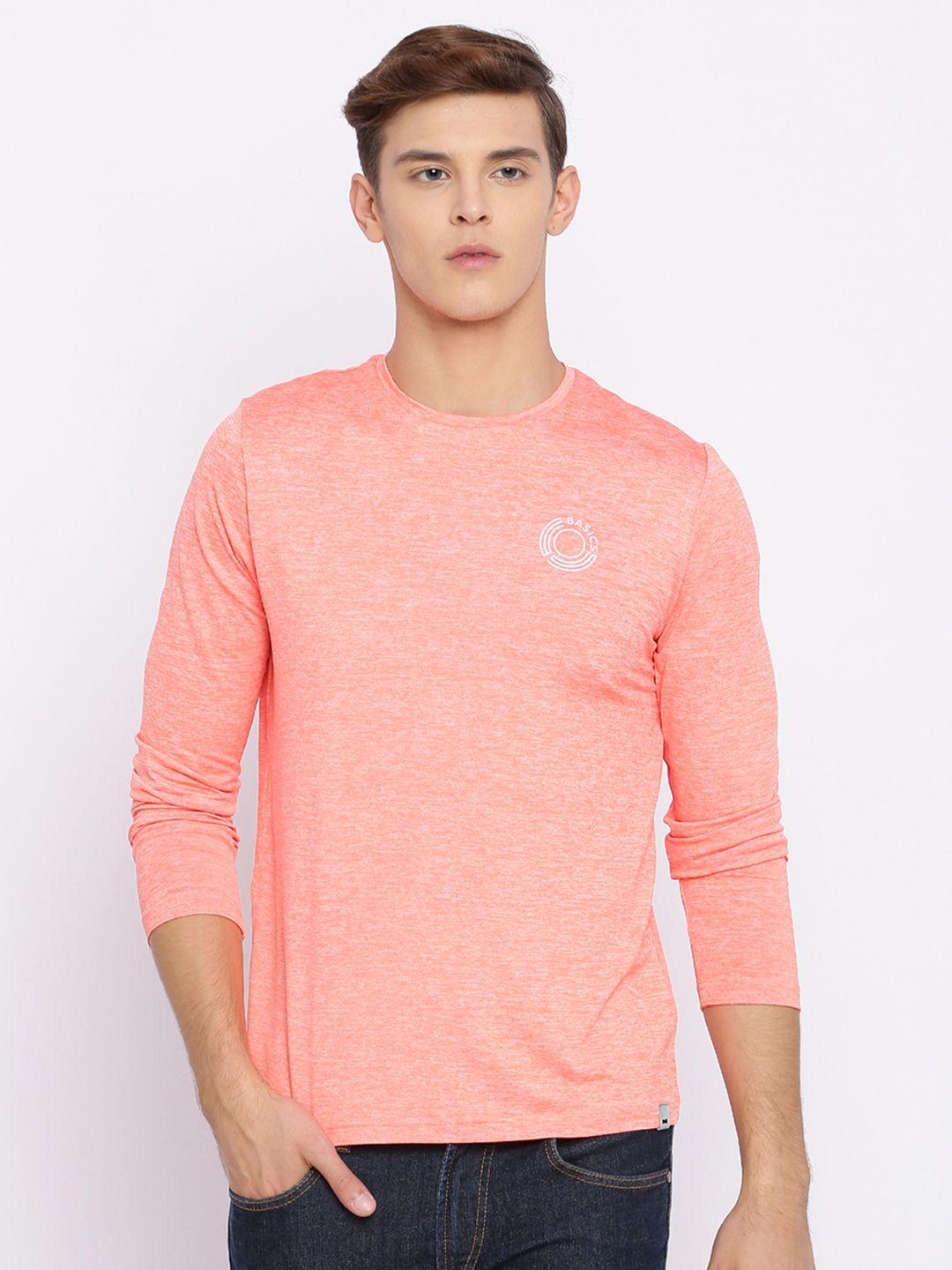 basics men peach-coloured solid round neck t-shirt